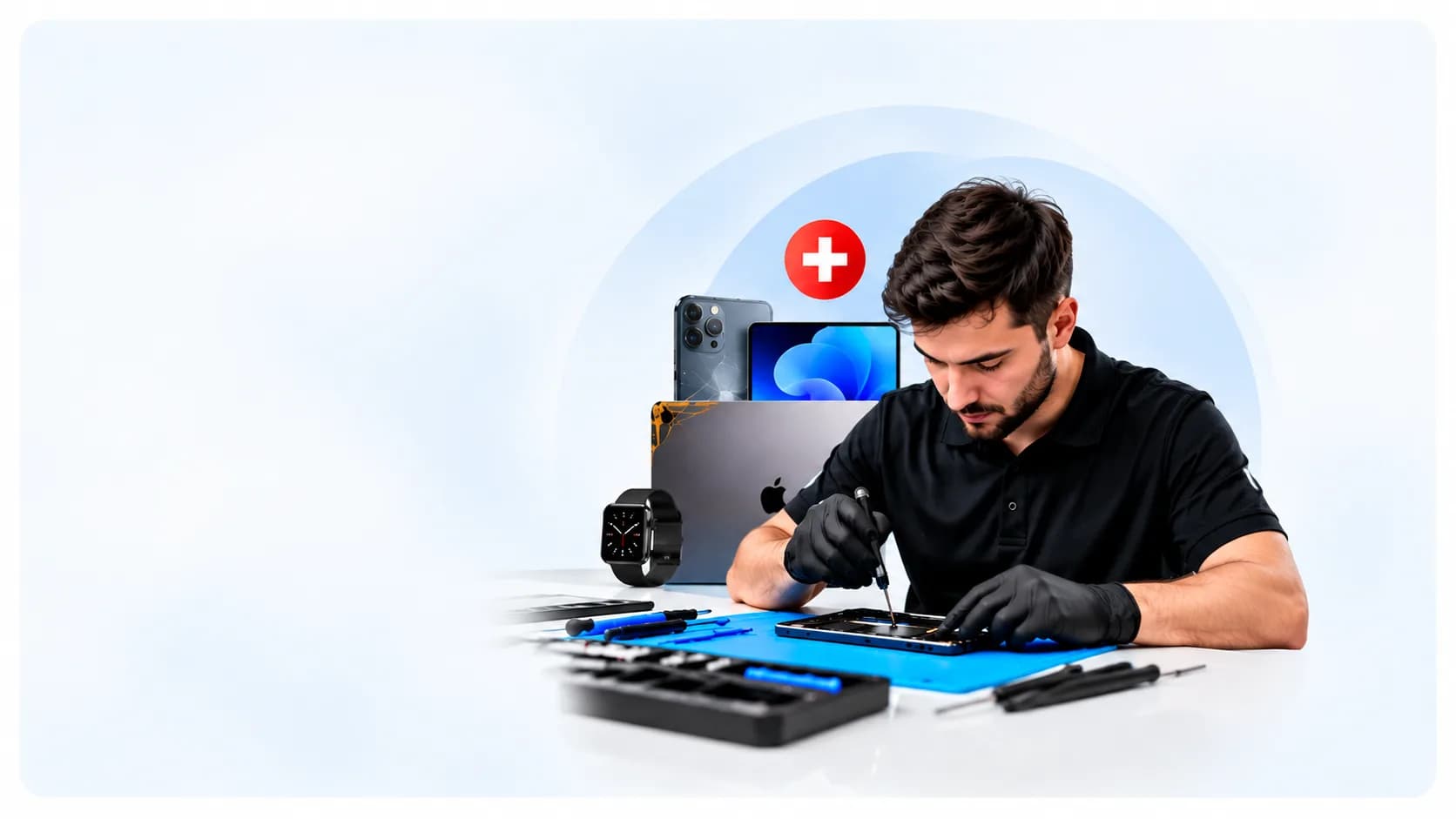 Zertifizierter Schweizer Techniker repariert ein Smartphone auf antistatischem ESD-Arbeitsplatz